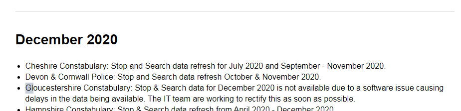 Screenshot of the police data web site changelog