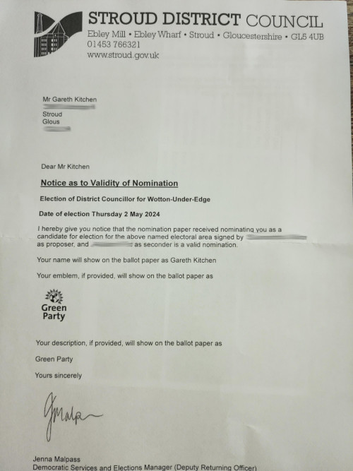 A notice from my local council saying that my nomination form, for election to district council, is all in order. :)
