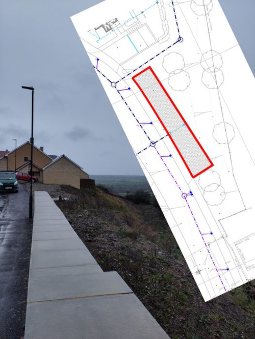 Photo showing the bank where the 12 spaces are to be located and the plan submitted with the planning permission showing that 12 spaces were promised