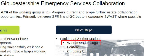 A partial powerpoint slide showing the next step is to look at three firestations for co-location.  Wotton-under-Edge is highlighted.