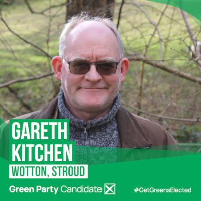 Photo of Gareth Kitchen with Green Party branding for the 2024 Local Elections