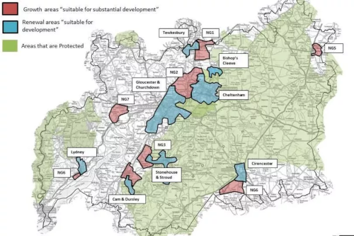Map oouf Glcestershire showing where new garden towns with 142,400 new homes will be built.