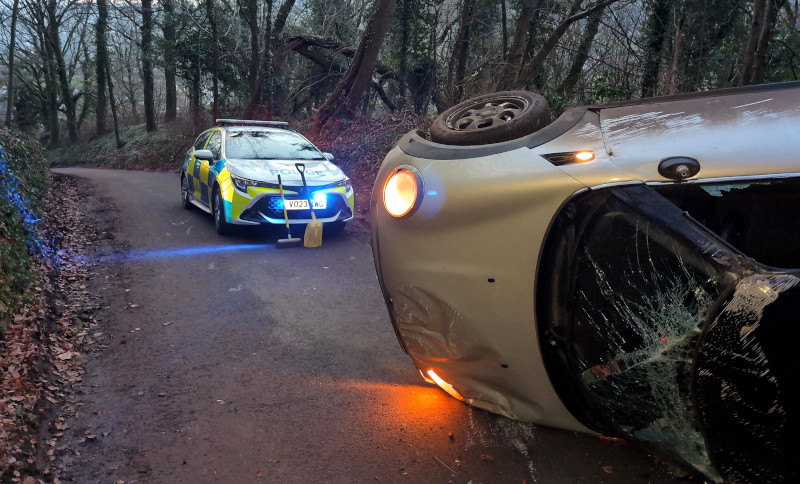 Rolled car on Blackquarries Hill 20th Jan 2025.  Car Crash related to the meeting.
